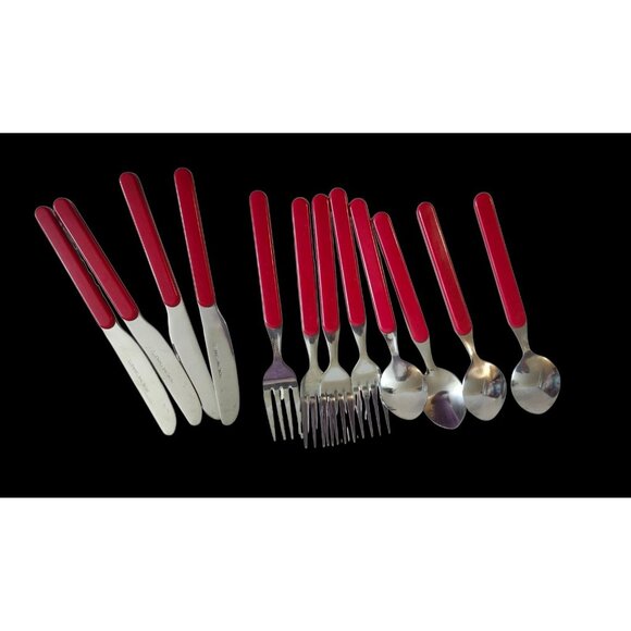 Picnic Time Stainless Red Handle 12 in lot Set for 4 Spoons Knife Forks - Picture 4 of 4